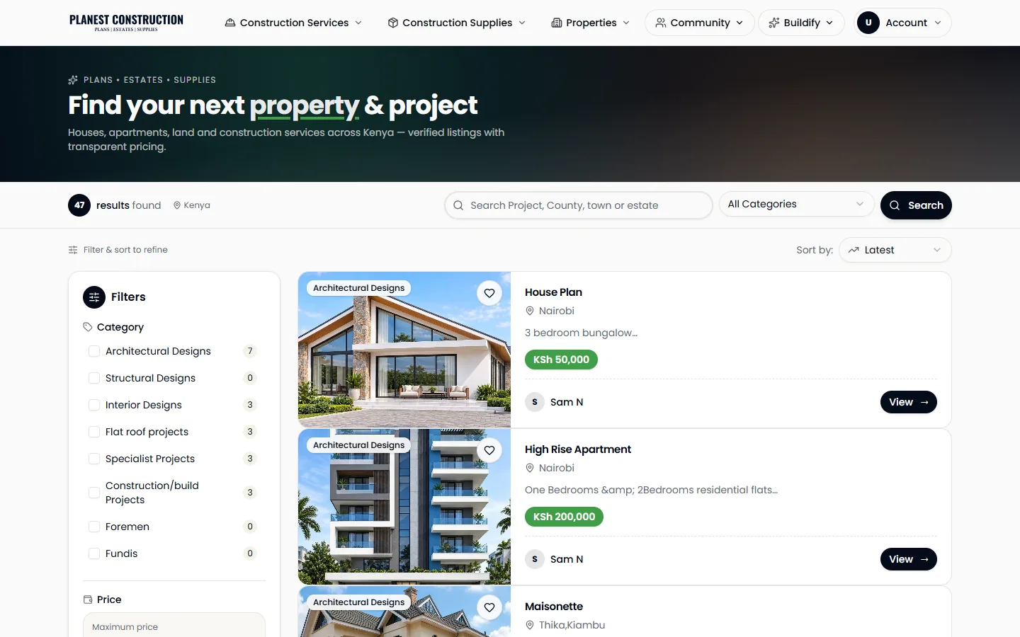 Planest Construction website homepage